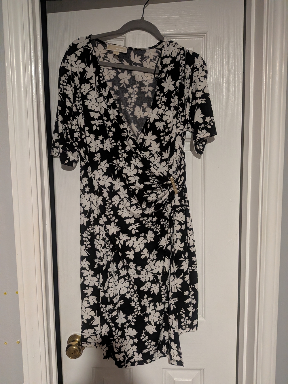 Michael Kors Black and White Floral Wrap Midi Dress